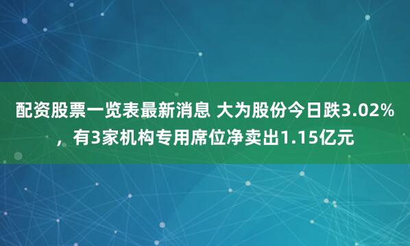 配资股票一览表最新消息 大为股份今日跌3.02%，有3家机构专用席位净卖出1.15亿元